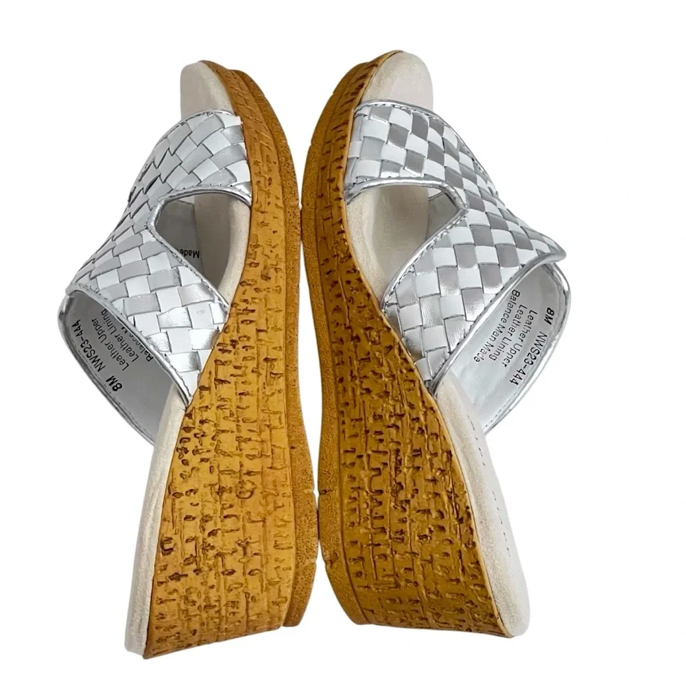 David Tate‎ Moderno Slip On Wedges Sandals Leather Upper Open Toe Silver